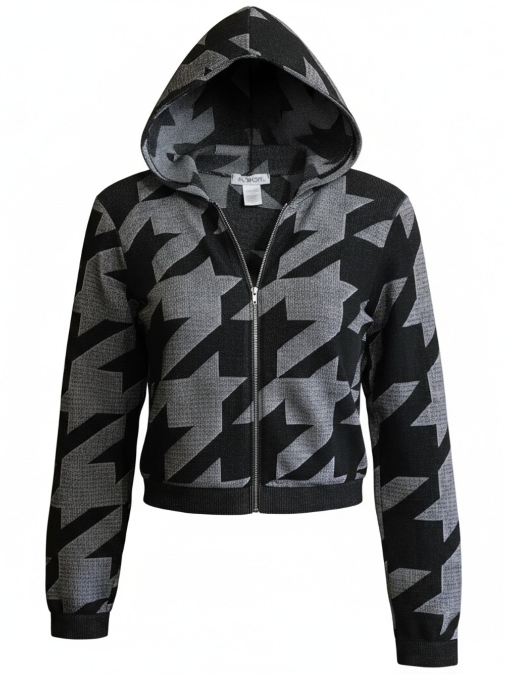 Womens Black & Gray Houndstooth Zip Hoodie